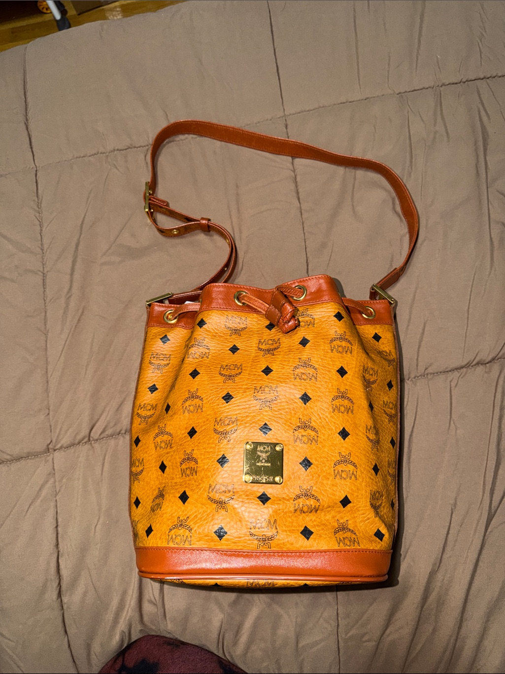 Mcm Cognac/Tan Visetos Logo Drawstring Bucket Bag